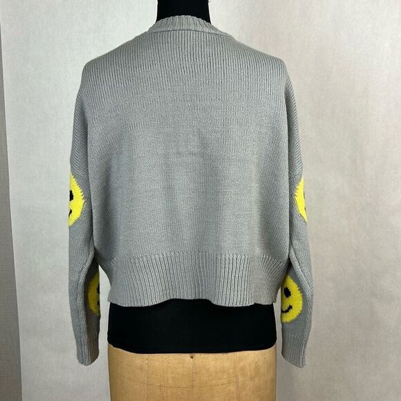 Smiley Face Cardigan Sweater Sz Small Gray Yellow Short Waist Length Button Fron - Picture 2 of 5